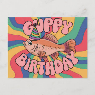 Cartão Postal Guppy usando chapéu de aniversário cores psicodéli