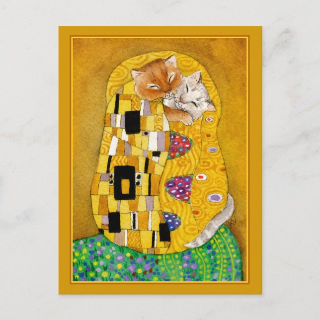 Cartão Postal Gustav Klimt beija o cartaz de gato giro dourado (Frente)