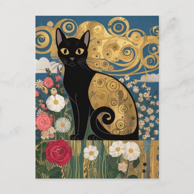 Cartão Postal Gustav Klimt Floral Black Cat, Arte Eclética Moder (Frente)