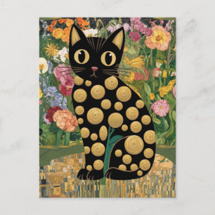 Cartão Postal Gustav Klimt Floral Gato Preto Arte Moderna Ecléti