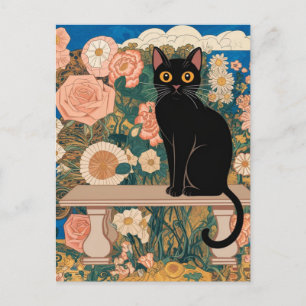 Cartão Postal Gustav Klimt Floral Gato Preto Arte Vintage Altera