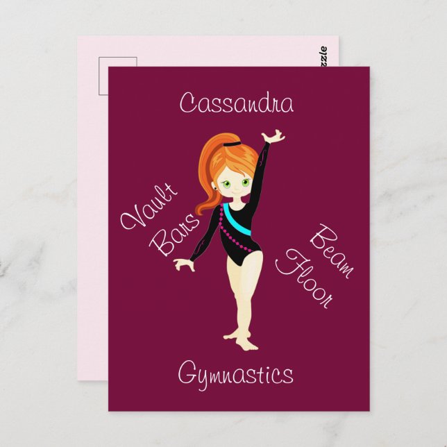 Cartão Postal Gymnastics Ginger Hair, Green Eyes, Black Leo  (Frente/Verso)