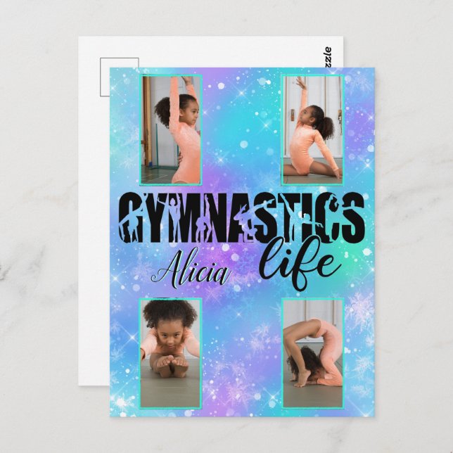 Cartão Postal Gymnastics Life Pastel Personalised Name & 4 Photo (Frente/Verso)