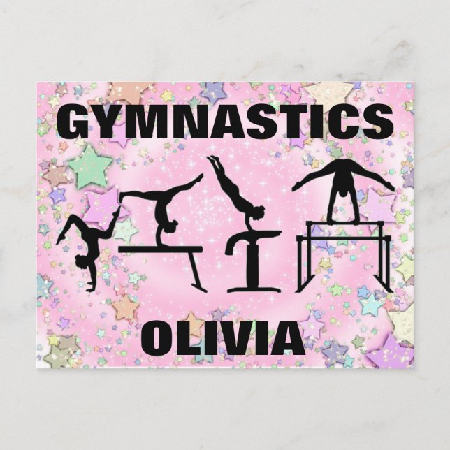 Cartão Postal Gymnastics Pink Sparkle Swirls and Stars (Frente)