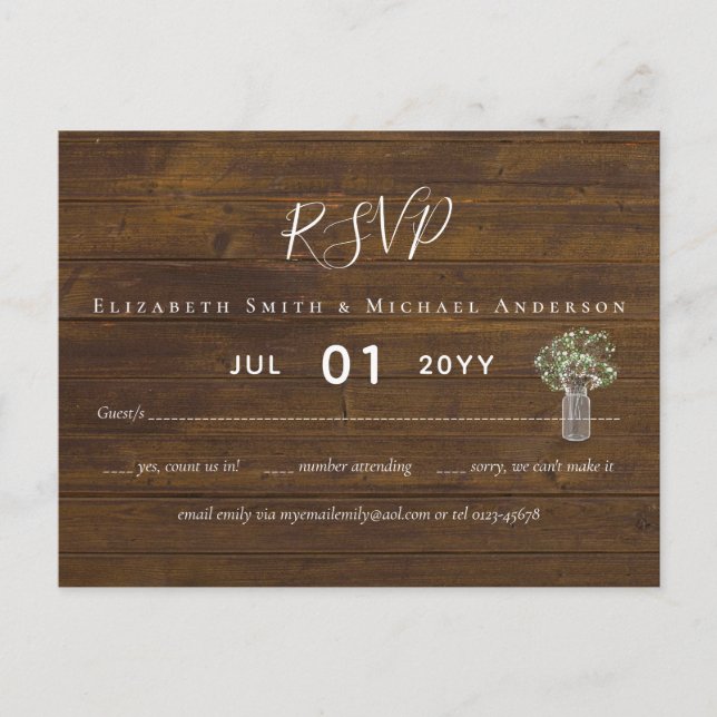 Cartão Postal Gypsophila Mason Jar Wedding RSVP (Frente)