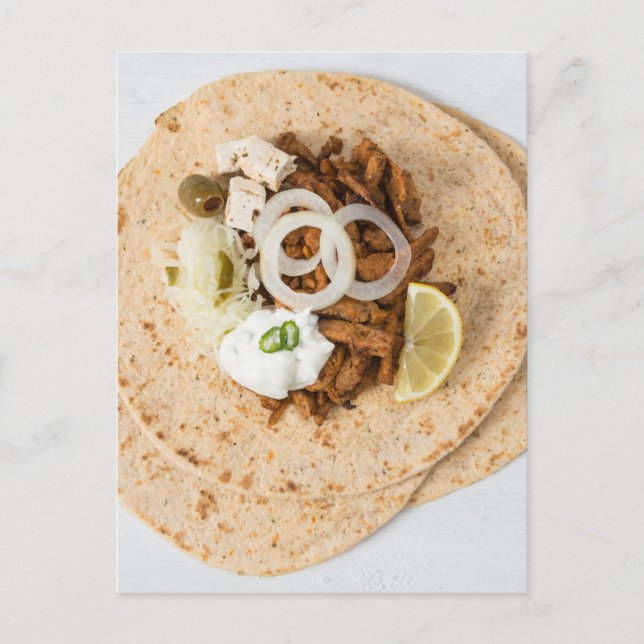 Cartão Postal Gyros pita com tzatziki coleslaw azeitonas e feta (Frente)
