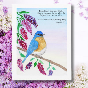 Cartão Postal Haicai Nacional Aquarela Pássaro Azul Na Árvore Li
