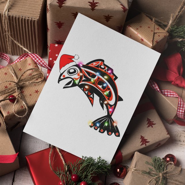 Cartão Postal Haida Salmon Spirit Animal Com Luzes De Natal (Criador carregado)