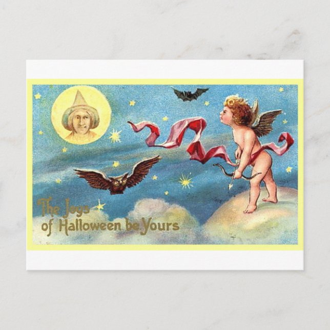 Cartão Postal Halloween Angel, Bat, Lua (Frente)