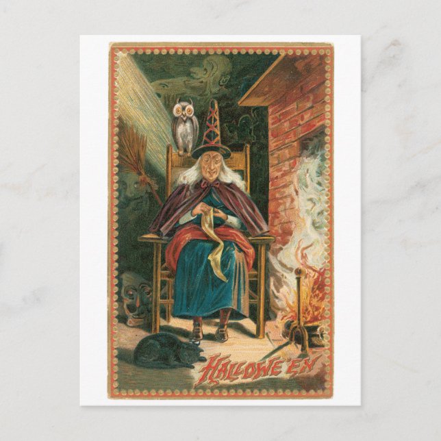 Cartão Postal Halloween antigo, Bruxa (Frente)