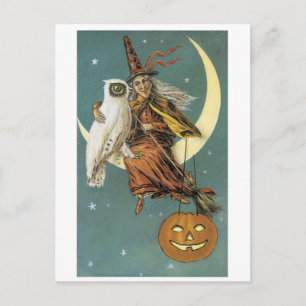 Cartão Postal Halloween antigo, Bruxa com Coruja