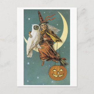 Cartão Postal Halloween antigo, Bruxa com Coruja