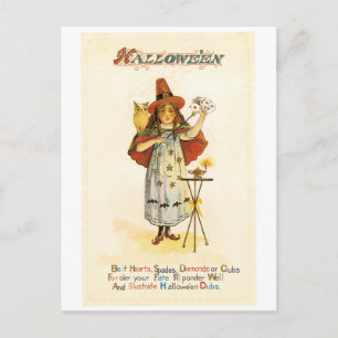 Cartão Postal Halloween antigo, Bruxa com Coruja