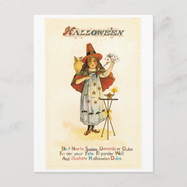 Cartão Postal Halloween antigo, Bruxa com Coruja (Frente)