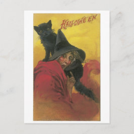 Cartão Postal Halloween antigo, bruxa com gato preto