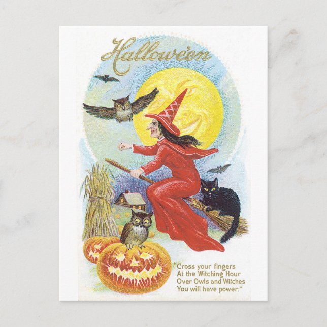 Cartão Postal Halloween antigo, Bruxa e Coruja (Frente)