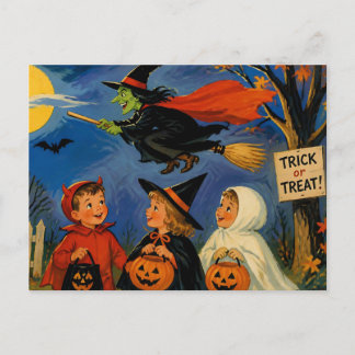 Cartão Postal Halloween Antigo Crianças e Bruxa Voadora