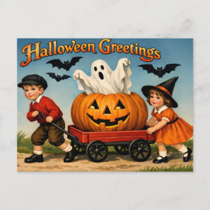 Cartão Postal Halloween Antigo Crianças, Fantasma, Abóbora