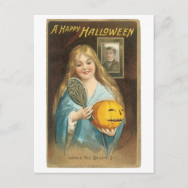Cartão Postal Halloween antigo, garota com espelho de mão