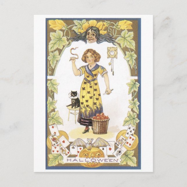 Cartão Postal Halloween antigo, Garota com gato preto (Frente)