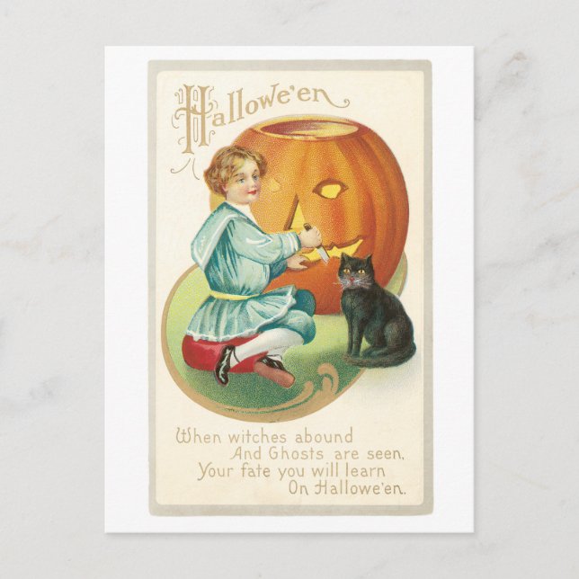 Cartão Postal Halloween antigo, Garota com gato preto (Frente)