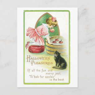 Cartão Postal Halloween antigo, Garota e Gato Negro