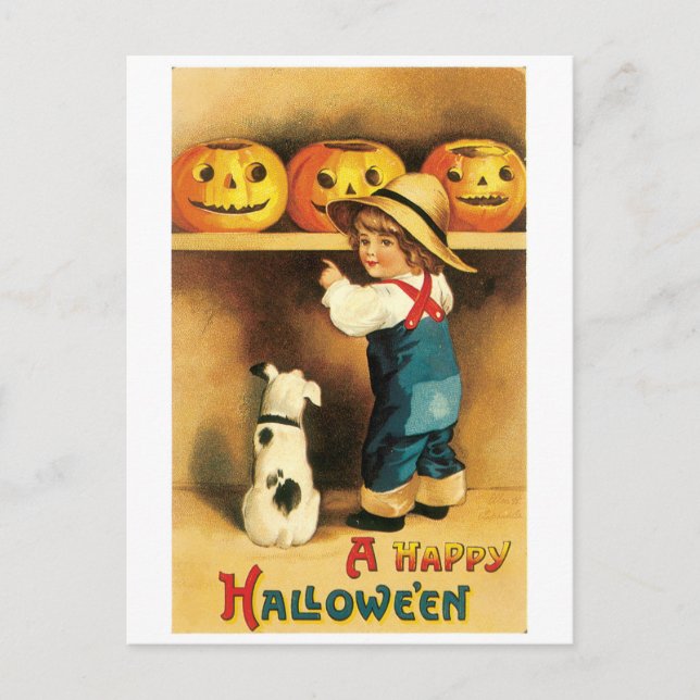 Cartão Postal Halloween antigo, Garoto com Puppy (Frente)