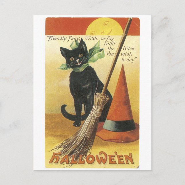 Cartão Postal Halloween antigo, gato negro (Frente)