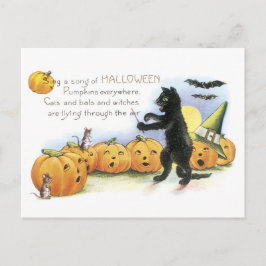 Cartão Postal Halloween antigo, gato preto e abóboras