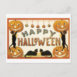 Cartão Postal Halloween antigo, gatos pretos