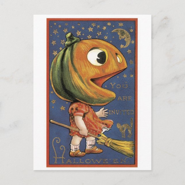 Cartão Postal Halloween antigo, Menina de Abóbora (Frente)