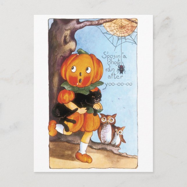 Cartão Postal Halloween antigo, Menina de Abóbora, Gato Negro (Frente)