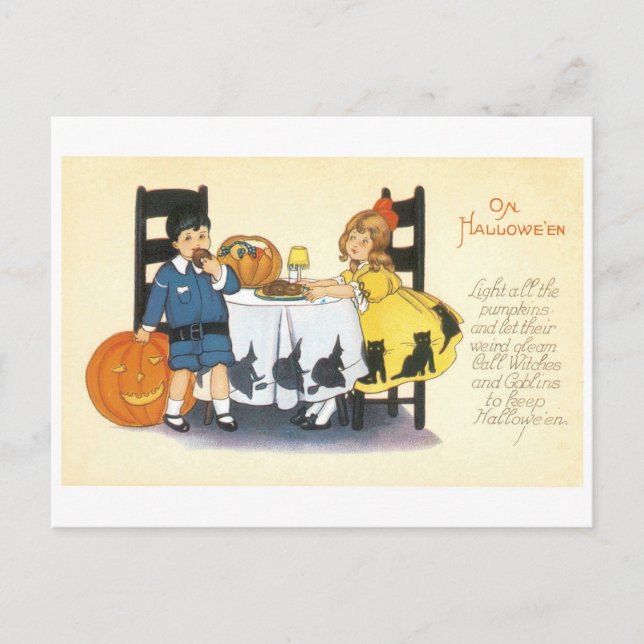 Cartão Postal Halloween antigo, Menino e Rapariga (Frente)