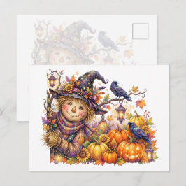 Cartão Postal Halloween Assustador, Espantalho Curioso, Colheita
