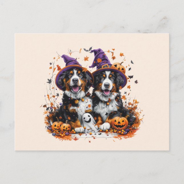 Cartão Postal Halloween Bernese Mountain Dogs Witch Ghost (Frente)