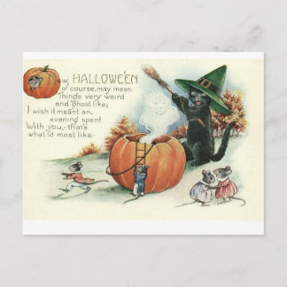 Cartão Postal Halloween Black Cat Kitten Mice Mouse Postcard