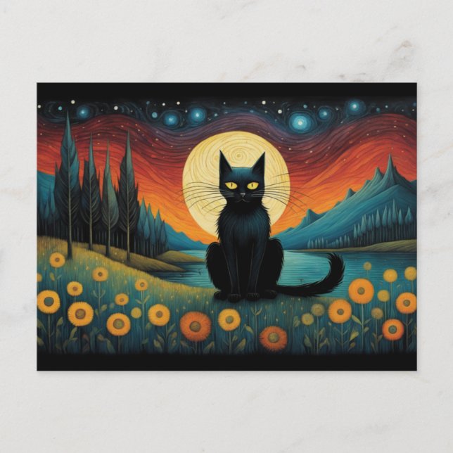 Cartão Postal Halloween Black Cat Mountain Lakeside Moon Complet (Frente)
