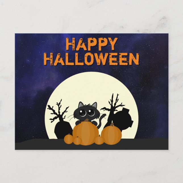 Cartão Postal Halloween Black Cat Pumpkins Graveyard (Frente)