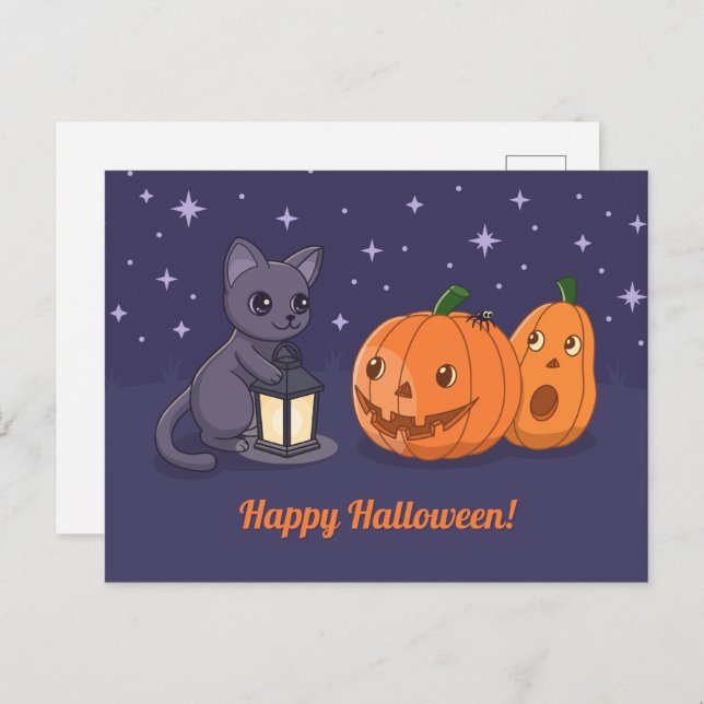 Cartão Postal Halloween Black Cat Pumpkins Lantern Purple (Frente/Verso)