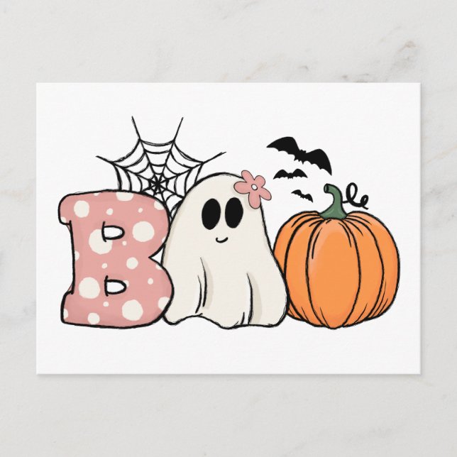 Cartão Postal Halloween Boo Ghost Pumpkin Bats Cobweb (Frente)