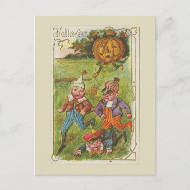 Cartão Postal Halloween Boys e Jack O'Lantern Vintage (Frente)