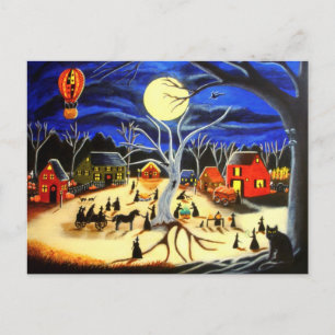 Cartão Postal Halloween,bruxas,preta,gato,quente,balão de ar