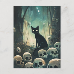Cartão Postal Halloween Cat and Skulls