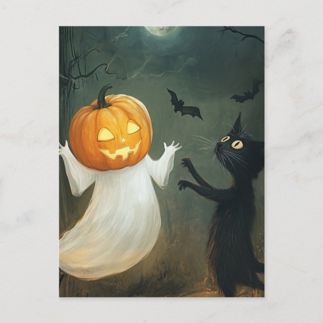 Cartão Postal Halloween Cat e Ghost (Frente)