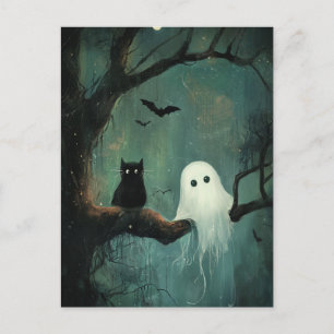 Cartão Postal Halloween Cat e Ghost