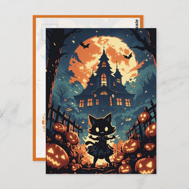 Cartão Postal Halloween Cat Girl at the Haunted House (Frente/Verso)