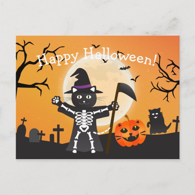Cartão Postal Halloween Cat Grim Reaper (Frente)