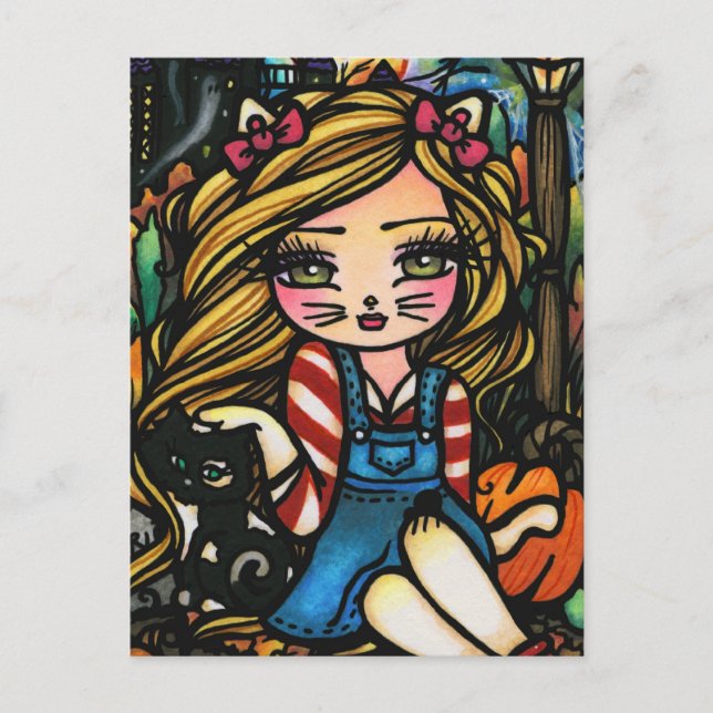 Cartão Postal Halloween Cat Huneen House Girl Fantasy Art (Frente)
