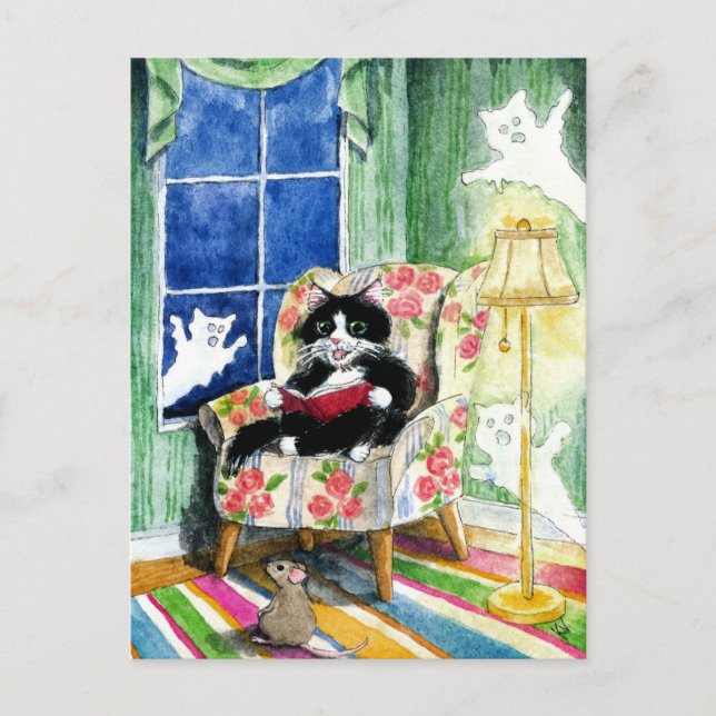 Cartão Postal Halloween Cat Mouse Ghosts postcard (Frente)