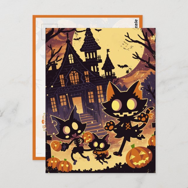 Cartão Postal Halloween Cats by the Haunted House (Frente/Verso)